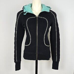 Lululemon Scuba Hoodie Black Full Zip Black Teal Cable Knit Fleece Lined Size 4